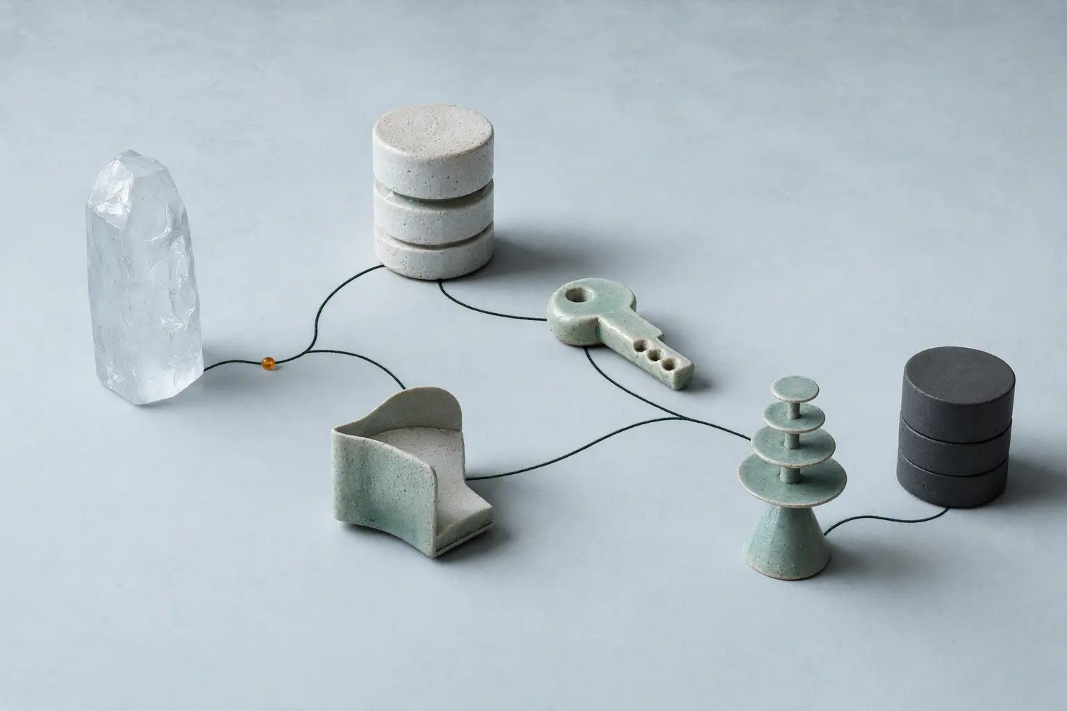 Handmade ceramic database, key, file, and signal forms branching from an ice monolith along a dark route